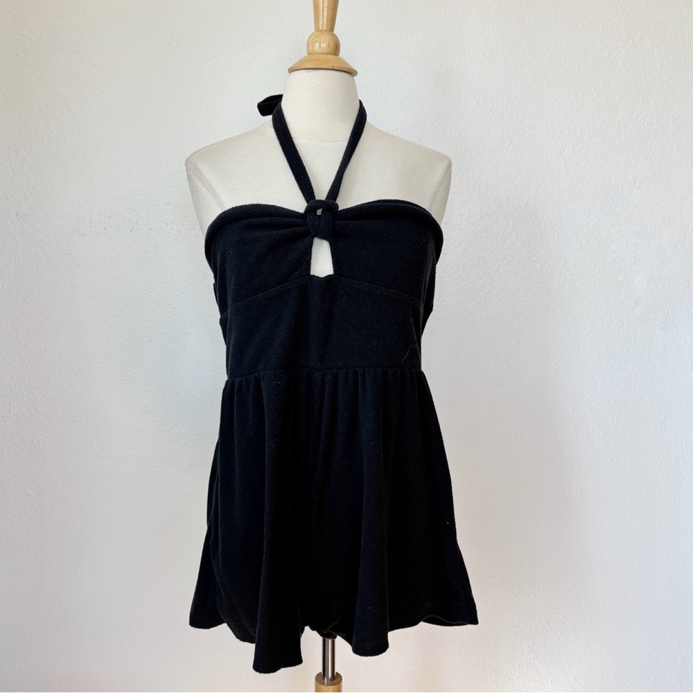 Wild Fable Solid Black Towel Material Cut Out Swim Cover Halter Romper